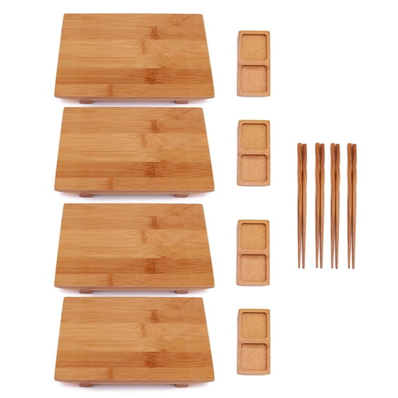BambooMN Bamboo Sushi Board Tray, Chopsticks and Compartment Sauce Dish, 11.4" Rectangle - 4 Sets