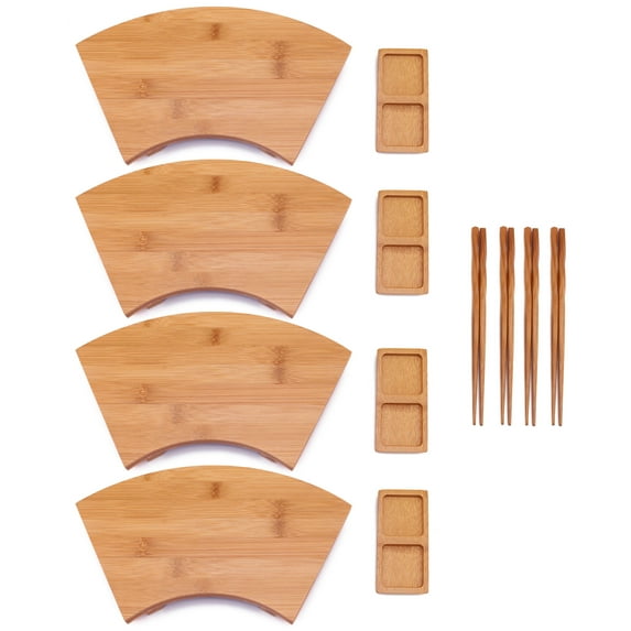 BambooMN Bamboo Sushi Board Tray, Chopsticks and Compartment Sauce Dish, 11.6" Fan - 4 Sets