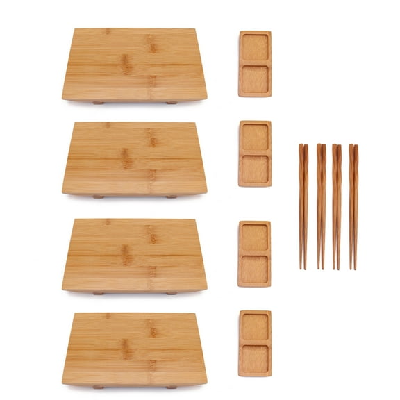 BambooMN Bamboo Sushi Board Tray, Chopsticks and Compartment Sauce Dish, 9.8" Rectangle - 4 Sets