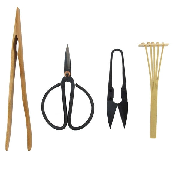BambooMN Bonsai Tool Kit - Includes: Pruning Shears, Precision Scissors, Bamboo Rake, and Bamboo Branch Holder