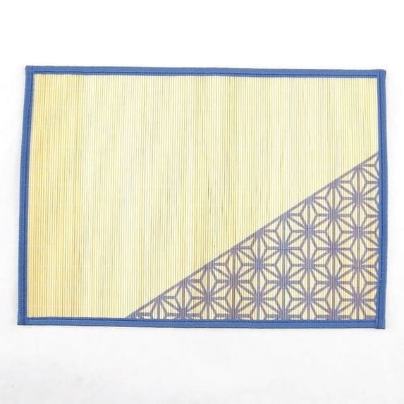 BambooMN Brand - Bamboo Slats Placemat with Matching Coaster - Floral Print, Blue Border - 12" x 17.5" - Blue Geometric, 8 pcs