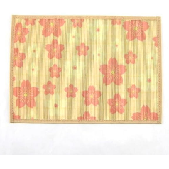 BambooMN Brand - Bamboo Slats Placemat with Matching Coaster - Floral Print, Tan Border - 12" x 17.5" - Peach Blossom, 4 pcs