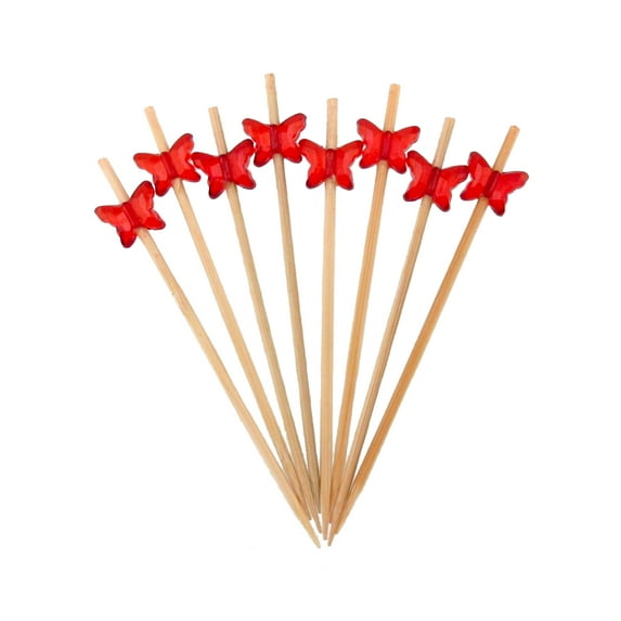 BambooMN Brand - Decorative Acrylic Butterfly End Bamboo Picks 3.9" (10cm) - 100pcs, Red