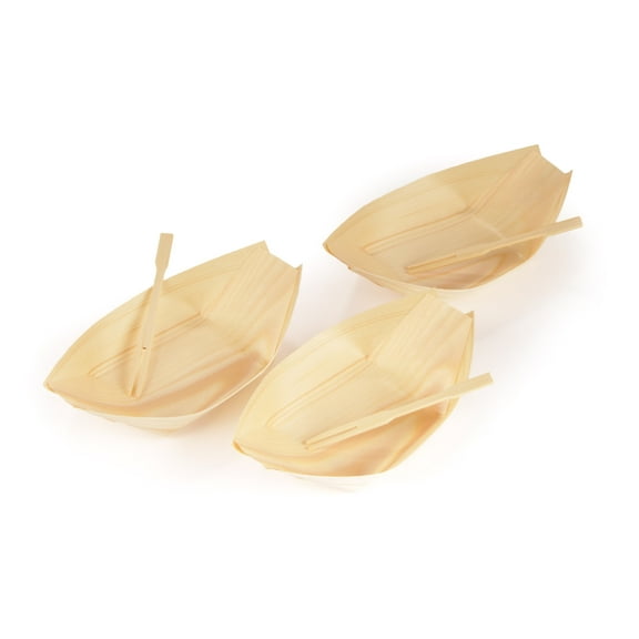 BambooMN Brand - Disposable Wood Boat Plates/Dishes, 4.3" Long x 2.5" Wide x 1" High with 3.5" Mini Forks - 200 Pieces