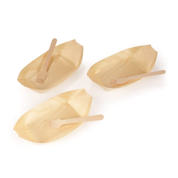 BambooMN Brand - Disposable Wood Boat Plates/Dishes, 7.9" Long x 4" Wide x 1" High with 5.5" Disposable Forks - 200 Pieces