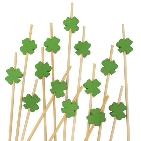 BambooMN 4.7 Inch Decorative Green Clover Bamboo Cocktail Sandwich Fruit Swizzle Picks, Luck of the Irish Party Supplies, 100 Pieces
