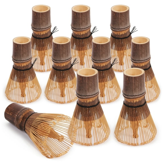 BambooMN Japanese Matcha Whisk Chasen - Traditional Handcurled 100 Tate Matcha Utensil - Black - 10 Pieces