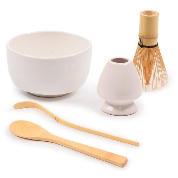 BambooMN Matcha Bowl Set (Includes Bowl, Rest,Tea Whisk, Chasaku, & Tea Spoon) 1 Set White