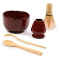 thumbnail image 1 of BambooMN Matcha Bowl Set (Includes Bowl, Rest,Tea Whisk, Chasaku, & Tea Spoon) 2 Sets Deep Red w/Black, 1 of 8