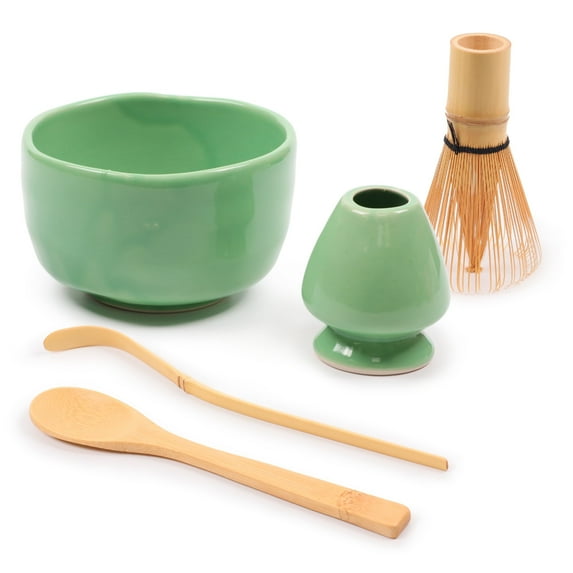 BambooMN Matcha Bowl Set (Includes Bowl, Rest,Tea Whisk, Chasaku, & Tea Spoon) 2 Sets Soft Light Green