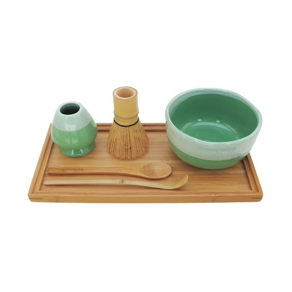 BambooMN Brand - Matcha Bowl Set (Includes Bowl, Rest,Tea Whisk, Chasaku, Tea Spoon & Tray) 2 Sets Mint Green
