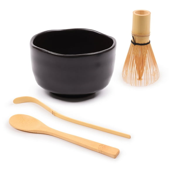 BambooMN Brand - Matcha Green Tea Whisk Set - Whisk + Scoop + Tea Spoon + Black Bowl
