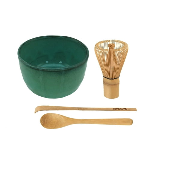 BambooMN Brand - Matcha Green Tea Whisk Set - Whisk + Scoop + Tea Spoon + Blue Green Bowl