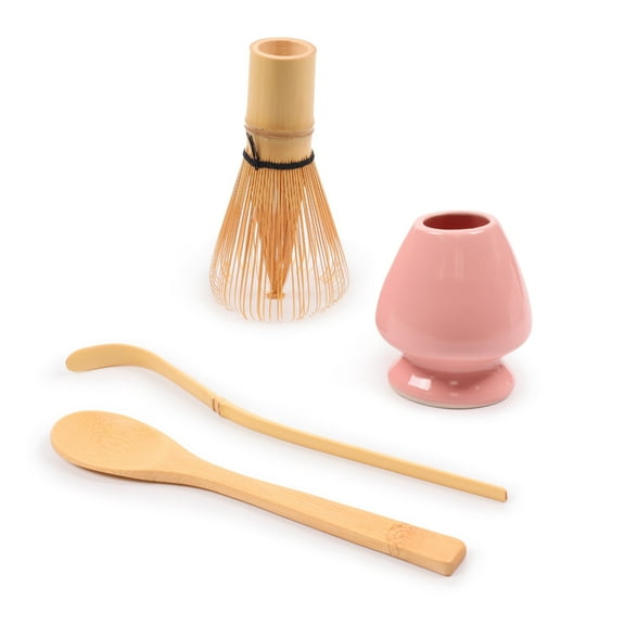 BambooMN Brand - Matcha Green Tea Whisk Set - Whisk + Scoop + Tea Spoon + Pink Whisk Holder