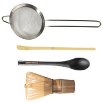 BambooMN Brand - Matcha Tea 4-Piece Whisk Set - Short Black Whisk, Hand Strainer, Teaspoon & Chashaku - 1 Set