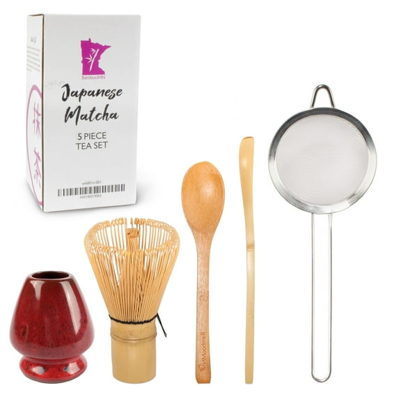 BambooMN Brand - Matcha Tea Whisk Set - 5-Pieces - Deep Red with Black