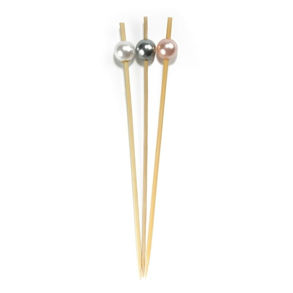 BambooMN Brand - Pearl End Bamboo Picks 3.9" (10cm) - 100 pcs - Assort 95 (Grey, Pink, White)