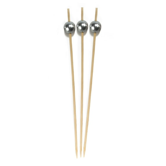 BambooMN Brand - Pearl End Bamboo Picks 5.9" (15cm) - 100 pcs - Metallic Grey