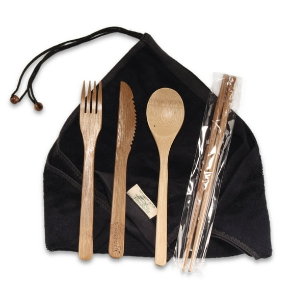 BambooMN Travel Utensils with 2 Washcloth Wraps - Black - 1 Set