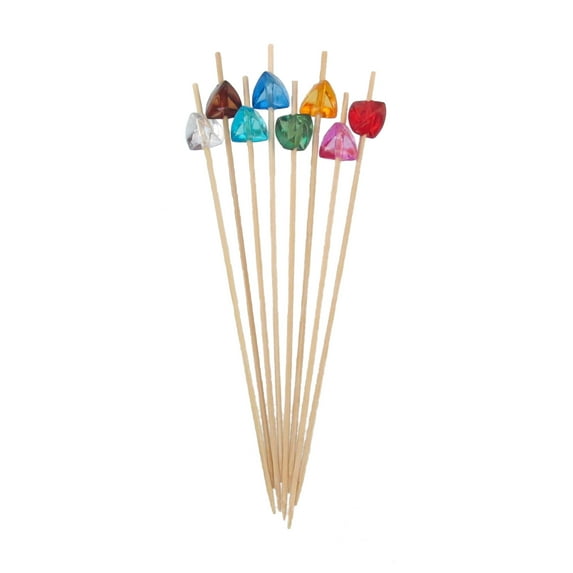 BambooMN Decorative 5.9" Acrylic Gem End Bamboo Picks - Eight Assorted Colors, 100 Pieces