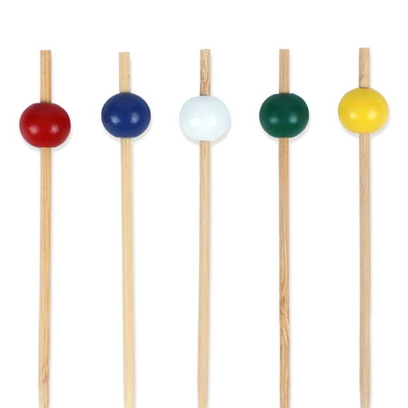 BambooMN Decorative Ball End Bamboo Cocktail Appetizer Picks - 3.9" (10cm) - 5 Assorted Colors - 300pcs