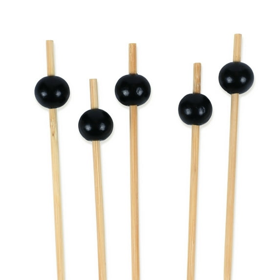 BambooMN Decorative Ball End Bamboo Cocktail Appetizer Picks - 3.9" (10cm) - Black - 300pcs