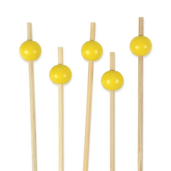 BambooMN Decorative Ball End Bamboo Cocktail Appetizer Picks - 3.9" (10cm) - Bright Yellow - 1,000pcs