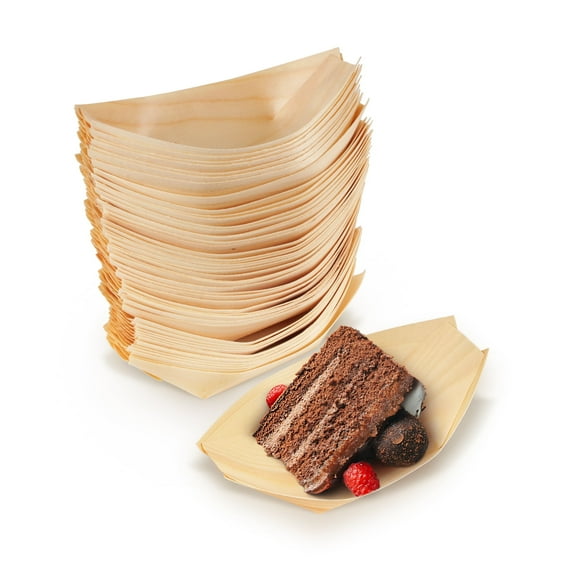 BambooMN Disposable Food and Appetizer Wood Boat Dishes - 6.7" x 3.5" x 1" - 100 Pieces