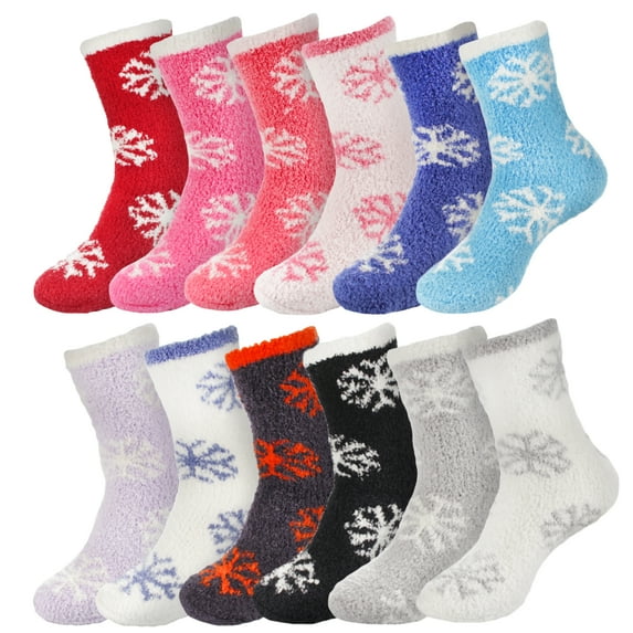 BambooMN Super Fuzzy Warm Soft Microfiber Snowflake Socks - Assortment A - 12 Pairs