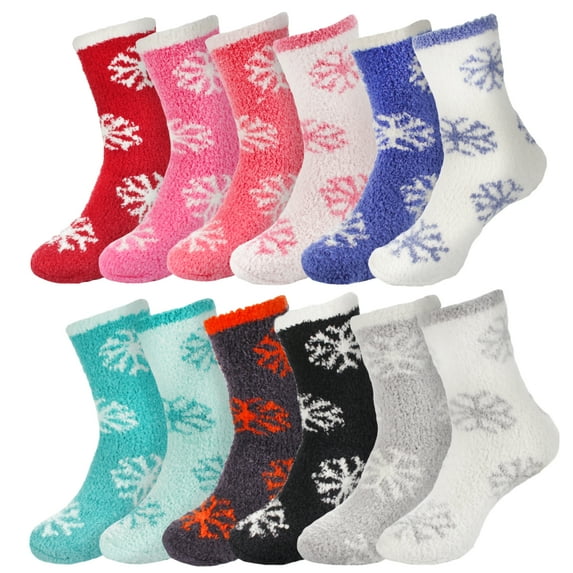 BambooMN Super Fuzzy Warm Soft Microfiber Snowflake Socks - Assortment B - 12 Pairs