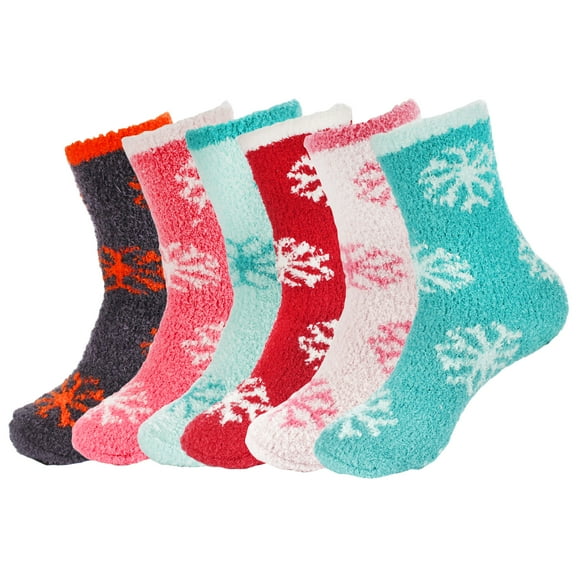 BambooMN Women's Super Fuzzy Warm Soft Microfiber Snowflake Socks - Assortment 6B - 6 Pairs