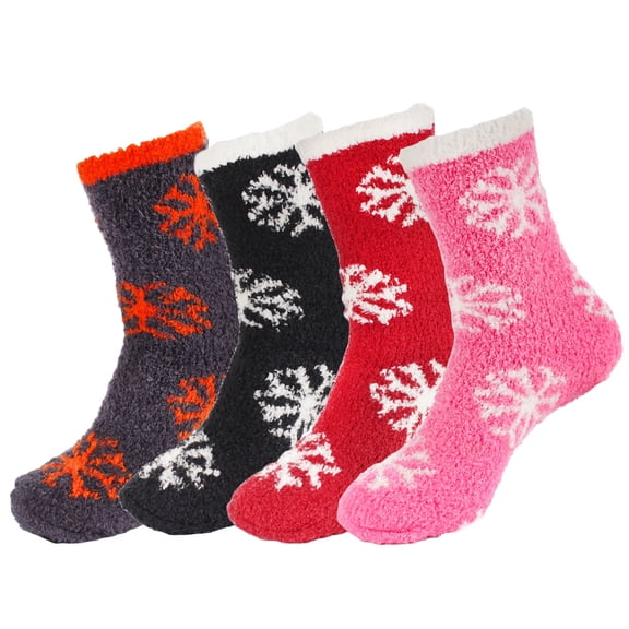 BambooMN Women's Super Fuzzy Warm Soft Microfiber Snowflake Socks - Assortment 4C - 4 Pairs