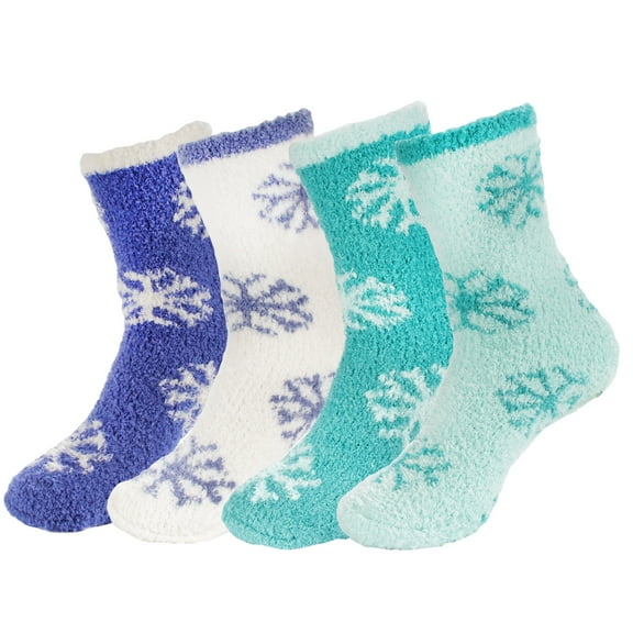 BambooMN Women's Super Fuzzy Warm Soft Microfiber Snowflake Socks - Assortment 4E - 4 Pairs