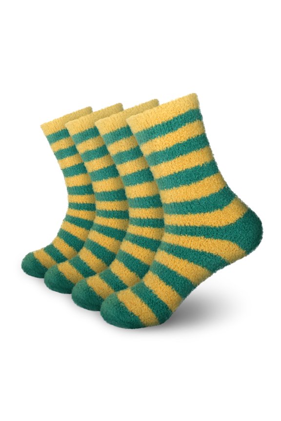 BambooMN Super Soft Fuzzy Team Spirit Striped Socks - 02 Green & Gold - Extra Large - 4 Pairs