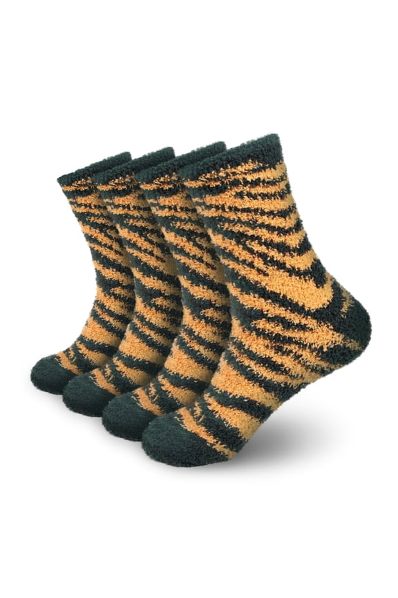Women's Fuzzy Zebra Print Team Spirit Socks - Super Soft Microfiber Game Day Sports Socks - Zebra Green & Gold - 4 Pairs