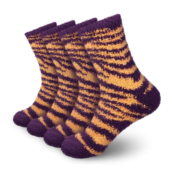 BambooMN Women's Fuzzy Zebra Print Team Spirit Socks - Super Soft Microfiber Game Day Sports Socks - Zebra Purple & Gold - 4 Pairs