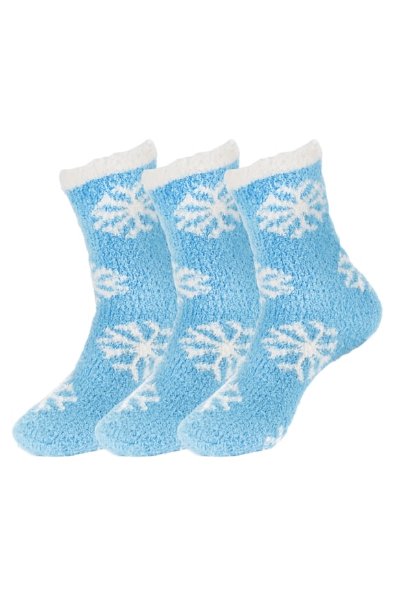 Super Fuzzy Warm Soft Microfiber Snowflake Socks - Marshmallow Blue - Extra Large - 3 Pairs