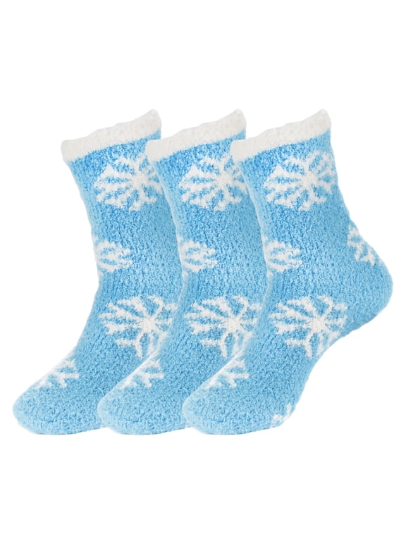 Super Fuzzy Warm Soft Microfiber Snowflake Socks - Marshmallow Blue - Extra Large - 3 Pairs