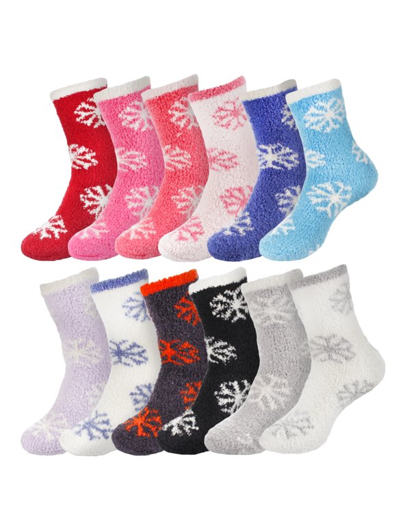 Super Fuzzy Warm Soft Microfiber Snowflake Socks - Assortment A - Extra Large - 12 Pairs