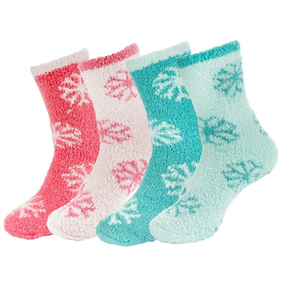 BambooMN Women's Super Fuzzy Warm Soft Microfiber Snowflake Socks - Assortment 4D - Extra Large - 4 Pairs