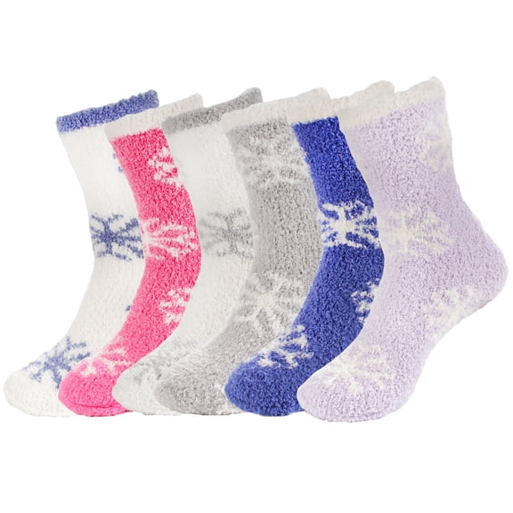 BambooMN Women's Super Fuzzy Warm Soft Microfiber Snowflake Socks - Assortment 6A - Extra Large - 6 Pairs