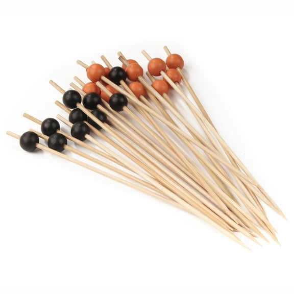 BambooMN Halloween Colors Food and Drinks Picks Skewers Cupcake Toppers Party Supplies - Black, Orange Ball End Biodegradable Bamboo - 4.7" - 400 Pieces