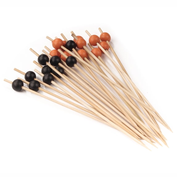 BambooMN Halloween Colors Food and Drinks Picks Skewers Cupcake Toppers Party Supplies - Black, Orange Ball End Biodegradable Bamboo - 4.7" - 400 Pieces