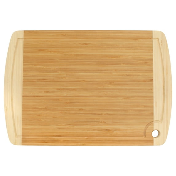 BambooMN Heavy Duty Premium Bamboo Two-Toned Cutting Board w/ Hanging Hole - 17.25" x 11.75" x 0.75" - Grooved/Flat - 1 Piece