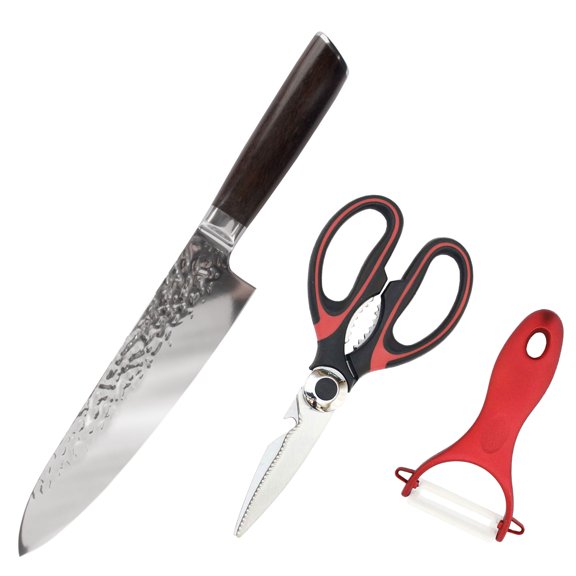 BambooMN High Carbon, Rust Resistant, Stainless Steel Chef Knife, Kitchen Shears, Fruit/Vegetable Peeler - 3 Piece Kitchen Set for Cooking