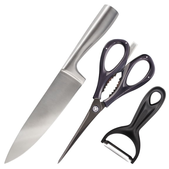 BambooMN High Carbon, Rust Resistant, Stainless Steel Chef Knife, Kitchen Shears,Swiss Style Fruit/Vegetable Peeler - 3 Piece Kitchen Set for Cooking
