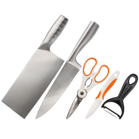 BambooMN High Carbon, Rust Resistant, Stainless Steel Chef Knife, Meat Cleaver, Kitchen Shears, Fruit/Vegetable Peeler, and Ceramic Non-Corrosive Paring Knife - 5 Piece Kitchen Set for Cooking