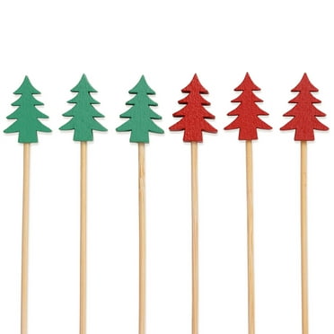 BambooMN Holiday Bamboo Evergreen Tree Cocktail Appetizer Sandwich Skewer Picks - 3.9" (10cm) - Red & Green - 100 Pieces