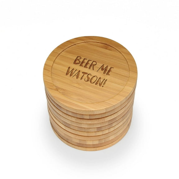 BambooMN - Laser Engraved Coasters - Beer/Wine Themed - Round - Beer Me Watson! - 100 Pcs