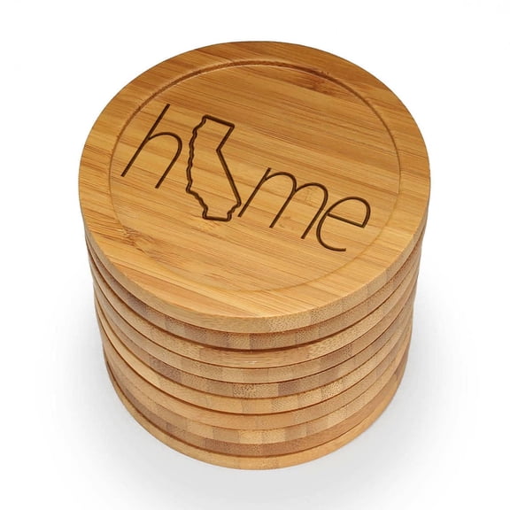 BambooMN Laser Engraved Coasters - Home w/ State - Style 2 - Round - California - 4 Pieces